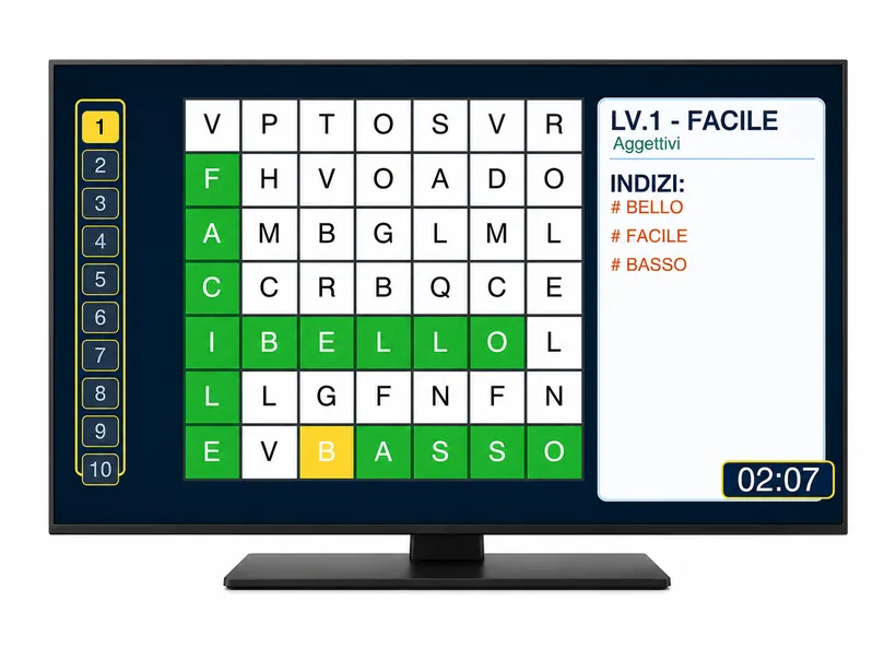 Cruciverba di GiocaFacileTv sulla televisione con griglia e lettere grandi